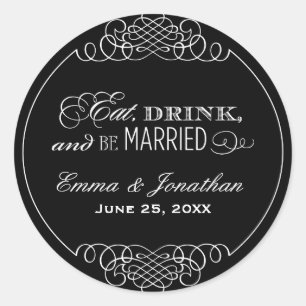 Eat Drink Be Married Black Monogram Classic Round Sticker