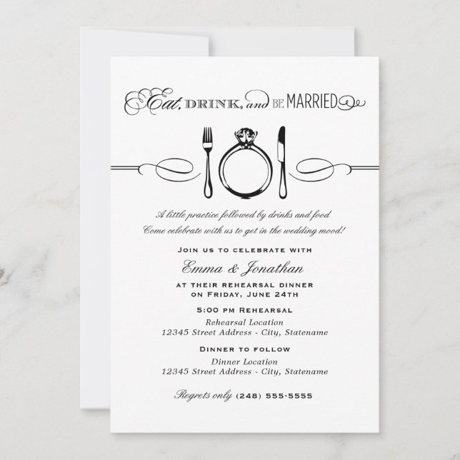 Eat Drink Be Married Black Rehearsal Dinner Invitation (Front)