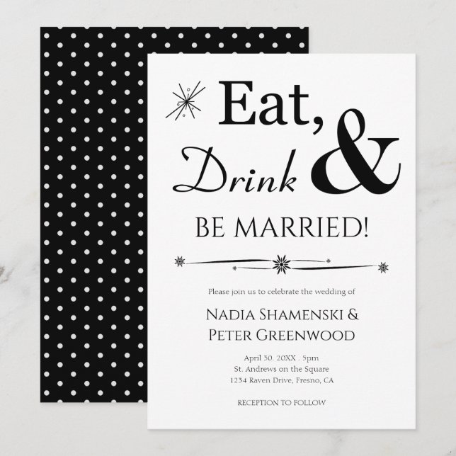 Eat Drink Be Married Black White Retro Wedding Invitation (Front/Back)