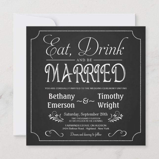 Eat Drink Be Married Chalkboard Invitations (Front)
