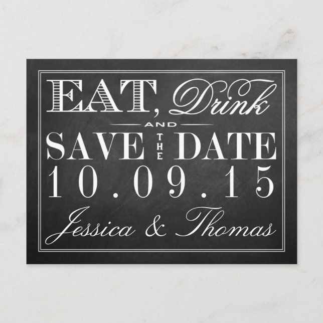 Eat, Drink & Be Married Chalkboard Wedding Announcement Postcard (Front)