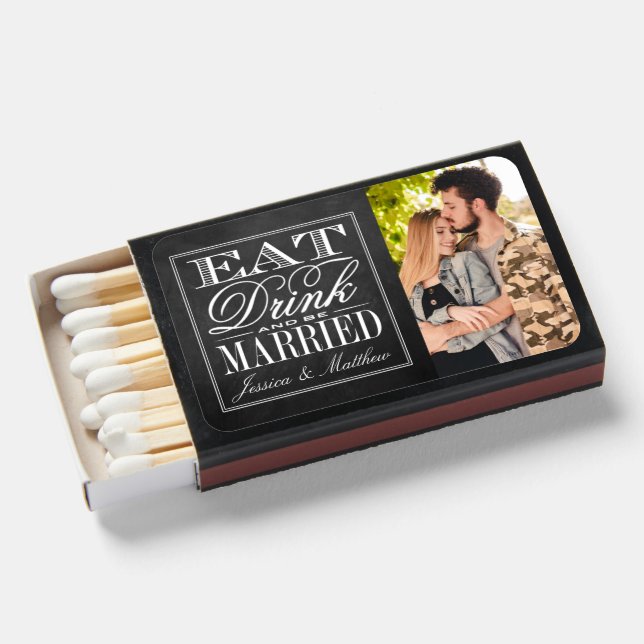 Eat, Drink & Be Married Chalkboard Wedding Favor Matchboxes (Front Open)