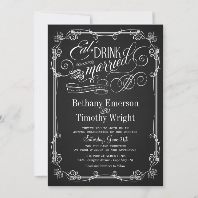 Eat Drink Be Married Chalkboard Wedding Invitation (Front)