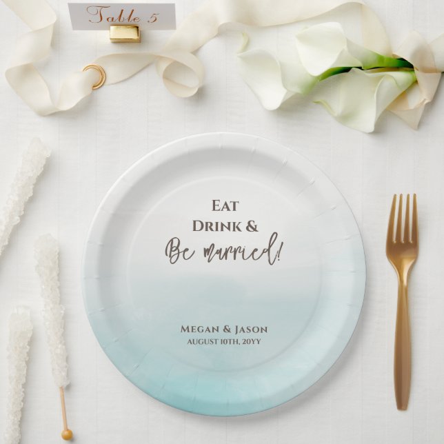 Eat Drink Be Married Dusty Blue Wedding Party Paper Plates (Wedding)