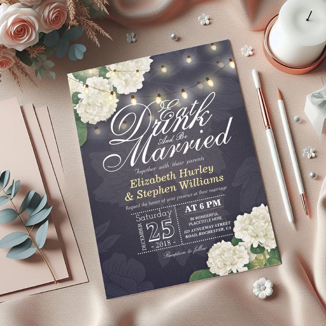 EAT Drink & Be Married Flower String Light Wedding Invitation (Creator Uploaded)