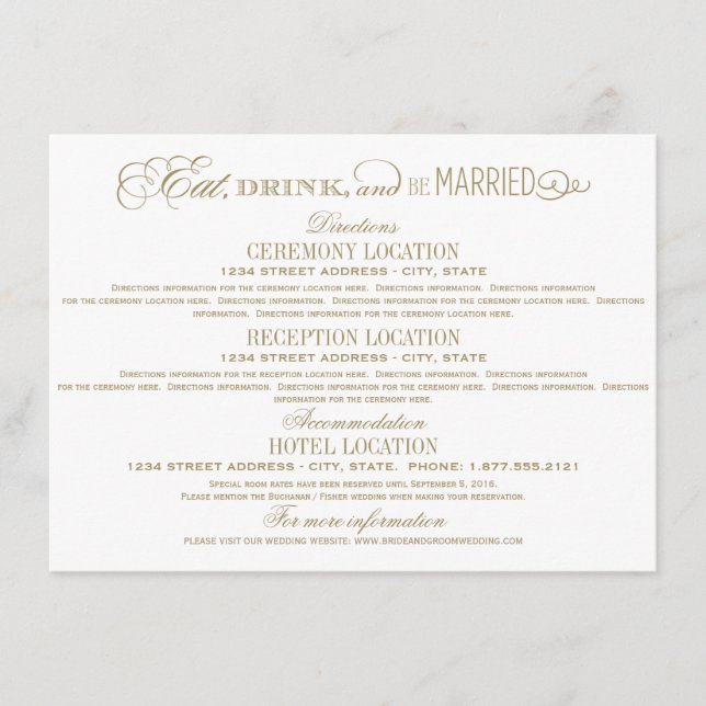 Eat Drink Be Married Gold Directions Enclosure Card (Front)