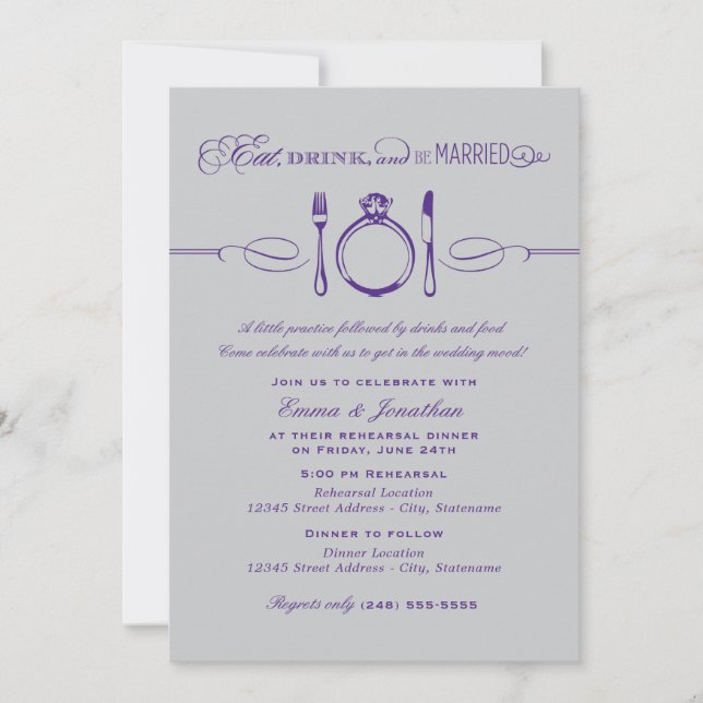 Eat Drink Be Married Gray Purple Rehearsal Invitation (Front)