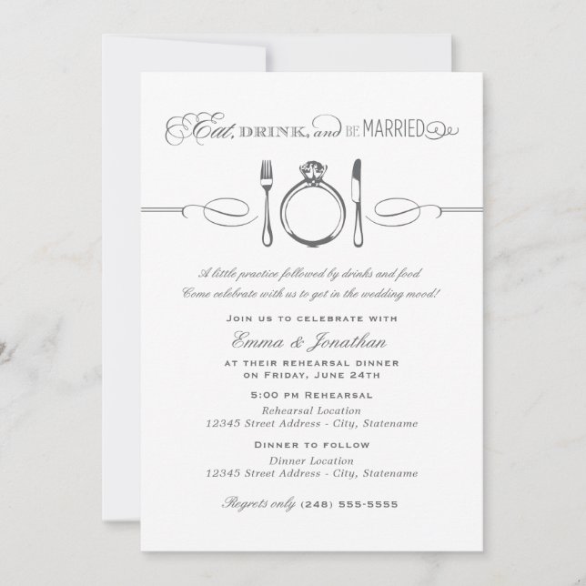 Eat Drink Be Married Gray Script Rehearsal Invitation (Front)