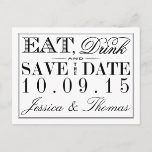 Eat, Drink & Be Married Modern Black/White Wedding Announcement Postcard