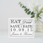 Eat, Drink & Be Married Modern Black/White Wedding Announcement Postcard (Standing Front)