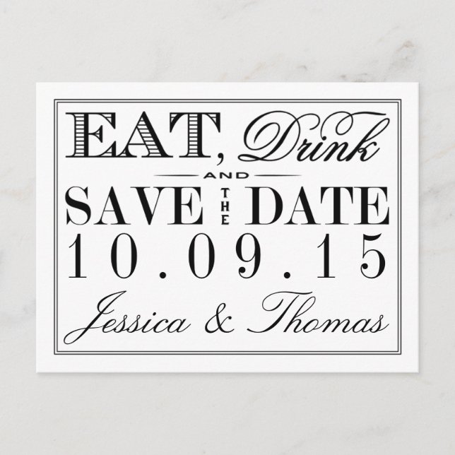 Eat, Drink & Be Married Modern Black/White Wedding Announcement Postcard (Front)