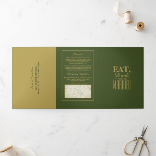 Eat Drink  be Married Olive  Gold Wedding Suite Tri_Fold Invitation