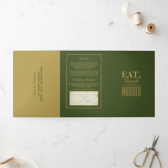 Eat, Drink & be Married Olive & Gold Wedding Suite Tri-Fold Invitation (Outside)