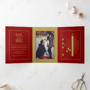 Eat, Drink & be Married Red & Gold Wedding Suite Tri-Fold Invitation