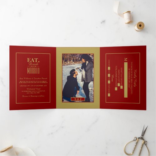 Eat Drink  be Married Red  Gold Wedding Suite Tri_Fold Invitation