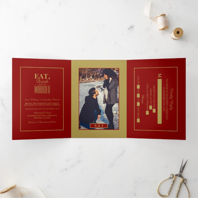Eat, Drink & be Married Red & Gold Wedding Suite Tri-Fold Invitation (Inside)