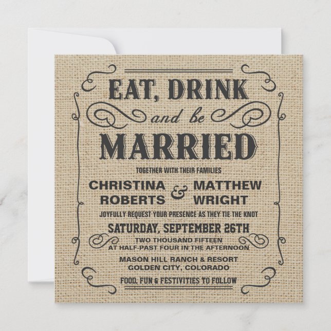 Eat Drink & be Married Rustic Burlap Wedding Invitation (Front)