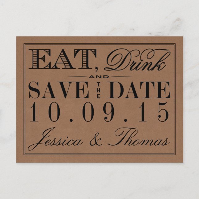 Eat, Drink & Be Married Rustic Kraft Wedding Announcement Postcard (Front)