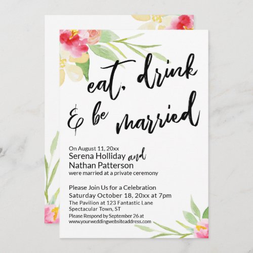 Eat Drink  Be Married Typography Painted Flowers Invitation