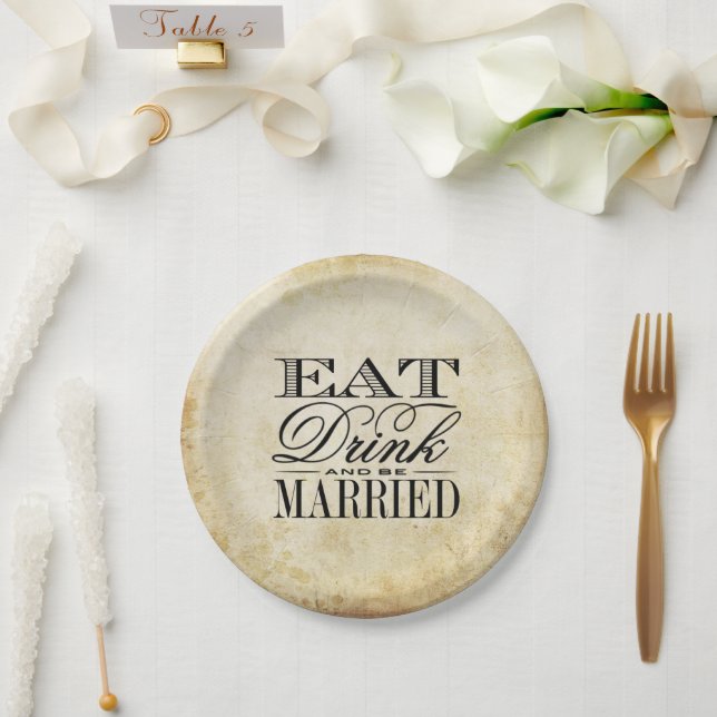 Eat, Drink & Be Married Vintage Wedding Paper Plates (Wedding)