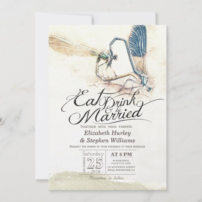 EAT Drink Be Married Wedding Dragonfly Mating Love Invitation (Front)
