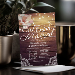 EAT Drink & Be Married Wedding Floral Rustic Wood Invitation