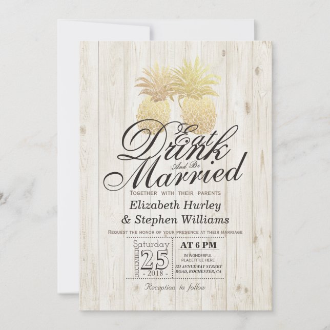 EAT Drink Be Married Wedding Gold Pineapple Couple Invitation (Front)