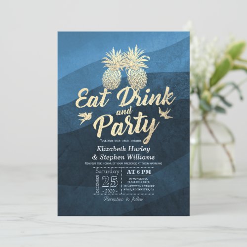 EAT Drink Be Married Wedding Gold Pineapple Couple Invitation