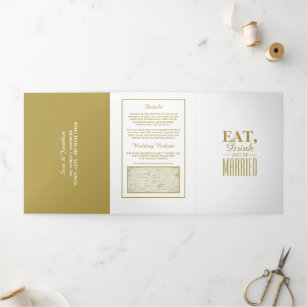 Eat, Drink & be Married White & Gold Wedding Suite Tri-Fold Invitation