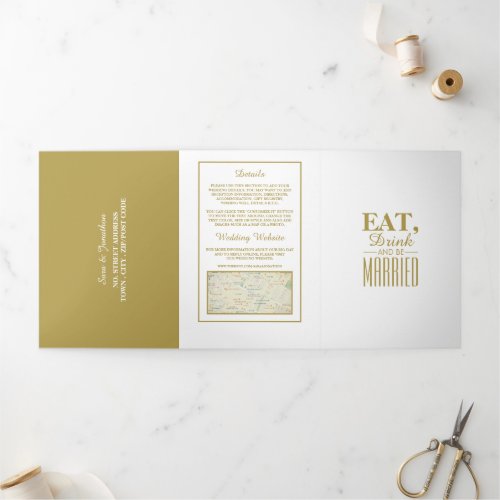 Eat Drink  be Married White  Gold Wedding Suite Tri_Fold Invitation
