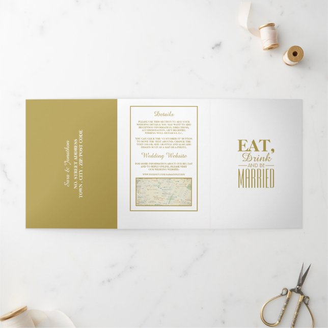 Eat, Drink & be Married White & Gold Wedding Suite Tri-Fold Invitation (Outside)
