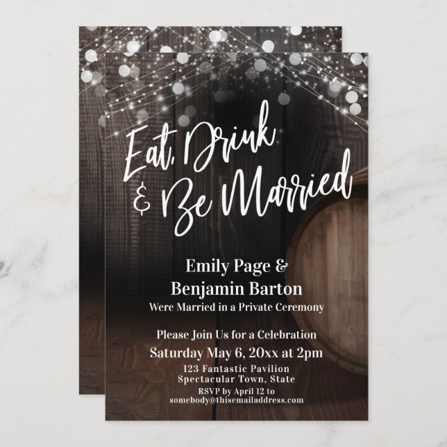 Eat Drink & Be Married Wine Barrel and Lights Invitation (Front/Back)