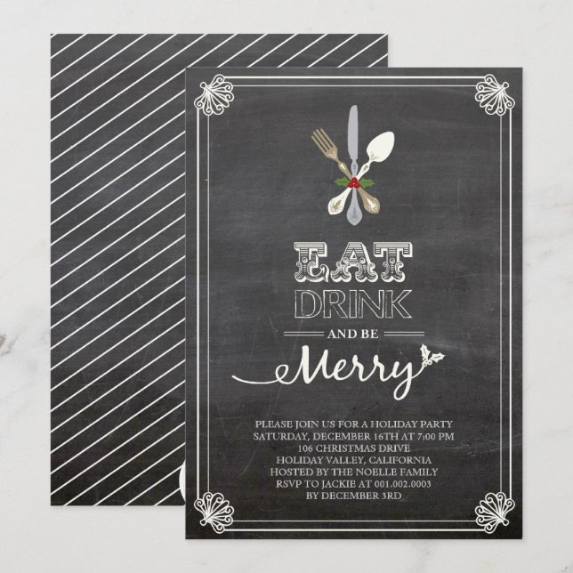 Eat Drink Be Merry Chalkboard Holiday Party Invite (Front/Back)