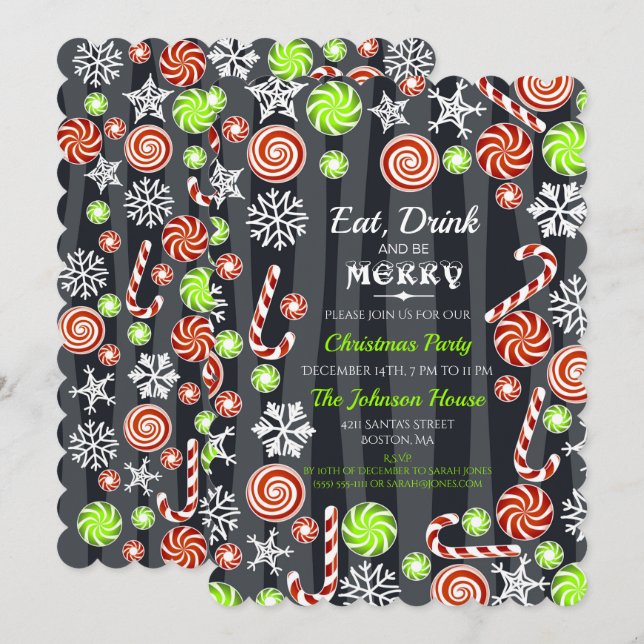 Eat Drink be Merry Christmas Candy Snowflakes Invitation (Front/Back)