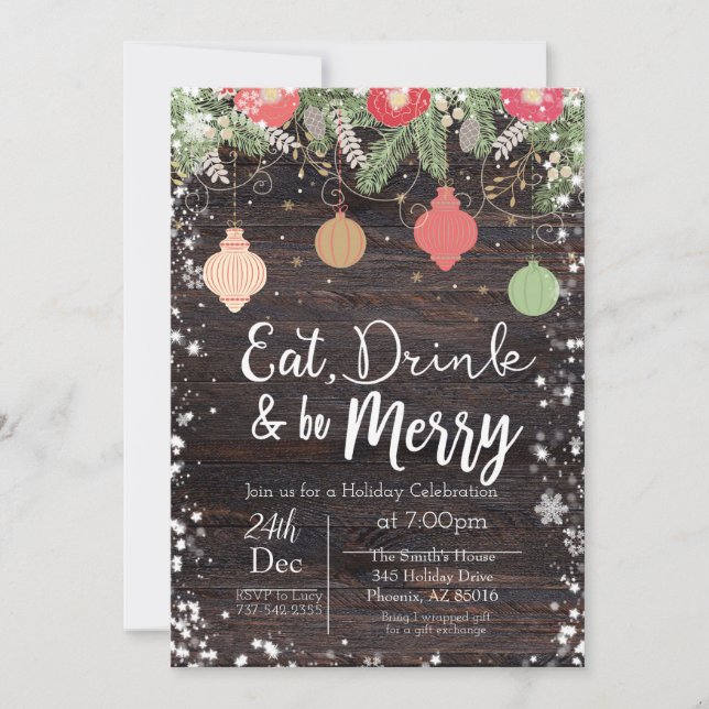 Eat, Drink & Be Merry Christmas Card, Rustic, Xmas Invitation (Front)