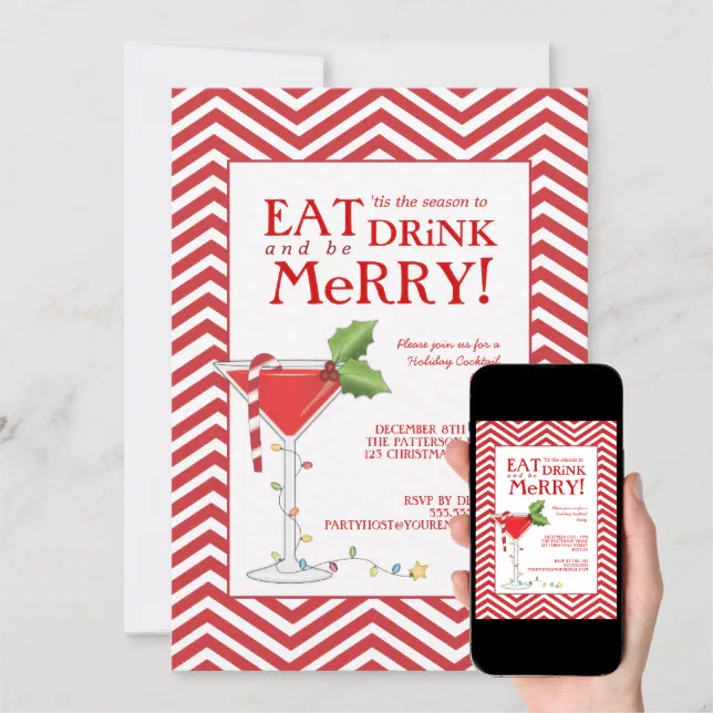 Eat Drink And Be Merry Christmas Cocktail Party Invitation Zazzle 8598