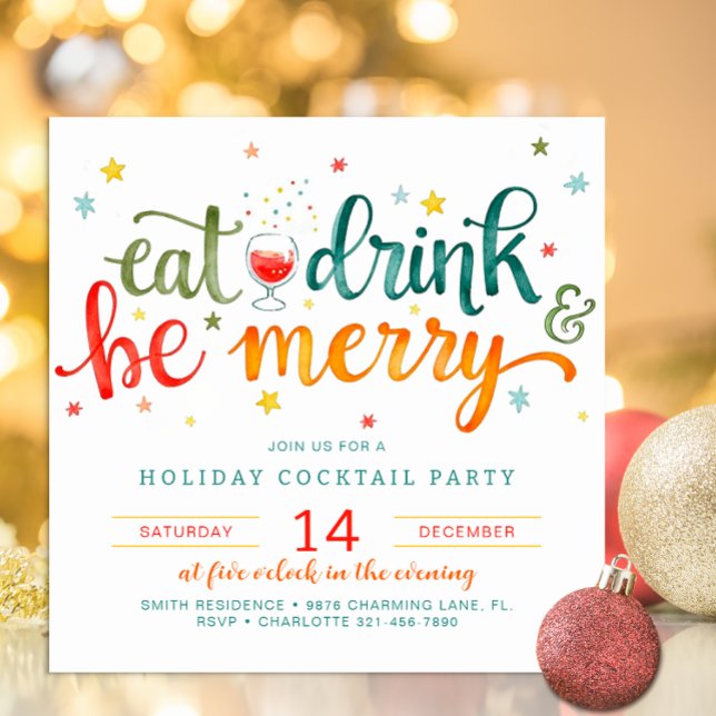 Eat Drink & Be Merry Christmas Cocktail Party  Invitation (Fun Holiday Party Invite)