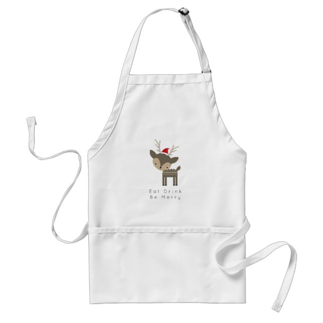 Eat Drink Be Merry Christmas Deer In Red Santa Hat Adult Apron (Front)