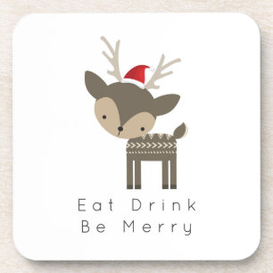 Eat Drink Be Merry Christmas Deer In Red Santa Hat Beverage Coaster