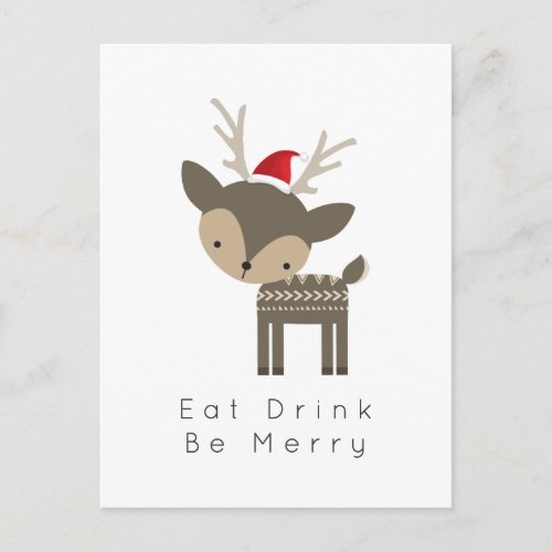 Eat Drink Be Merry Christmas Deer In Red Santa Hat Holiday Postcard