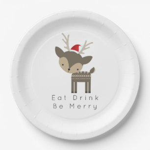 Eat Drink Be Merry Christmas Deer In Red Santa Hat Paper Plates