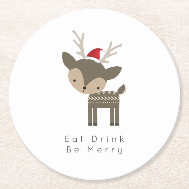 Eat Drink Be Merry Christmas Deer In Red Santa Hat Round Paper Coaster (Front)
