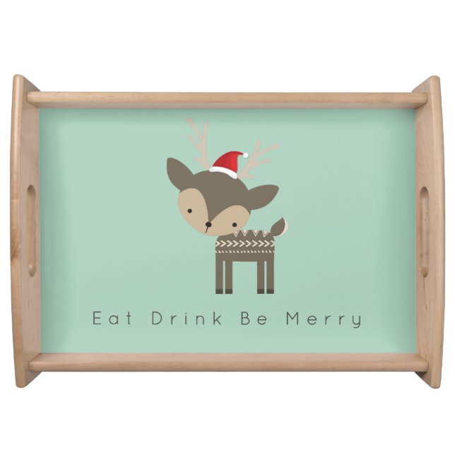 Eat Drink Be Merry Christmas Deer In Red Santa Hat Serving Tray (Front)