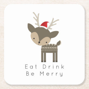 Eat Drink Be Merry Christmas Deer In Red Santa Hat Square Paper Coaster