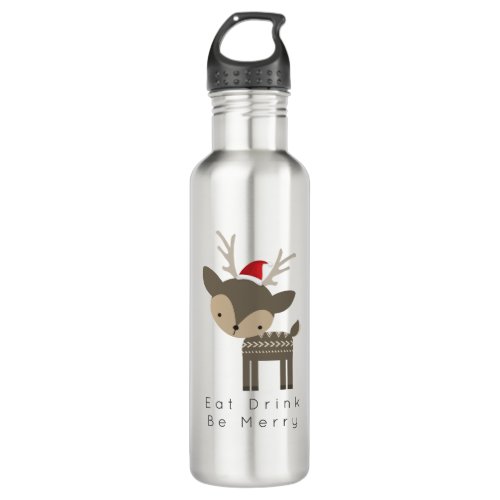 Eat Drink Be Merry Christmas Deer In Red Santa Hat Water Bottle