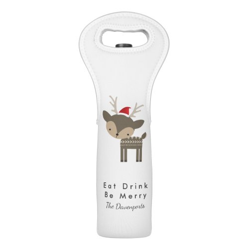 Eat Drink Be Merry Christmas Deer In Red Santa Hat Wine Bag