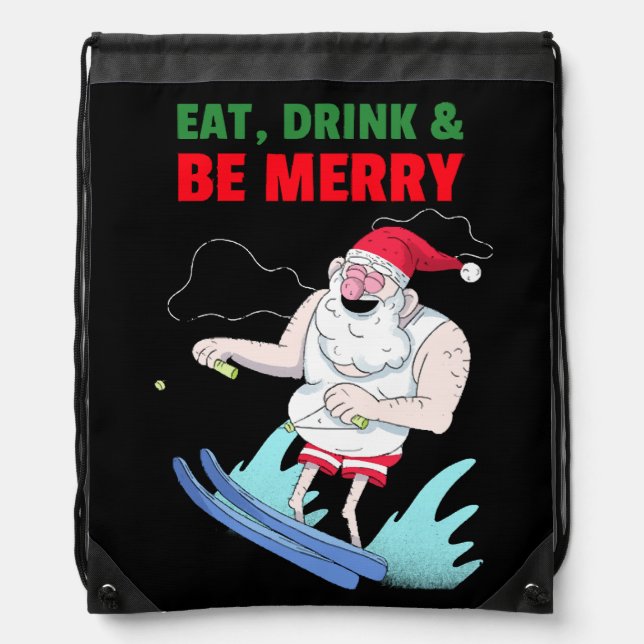 Eat, Drink & Be Merry Christmas Drawstring Bag (Front)