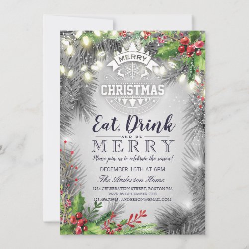 Eat Drink Be Merry Christmas Holiday Dinner Party Invitation