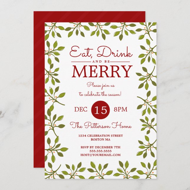 Eat Drink & Be Merry Christmas Holiday Party Invitation (Front/Back)