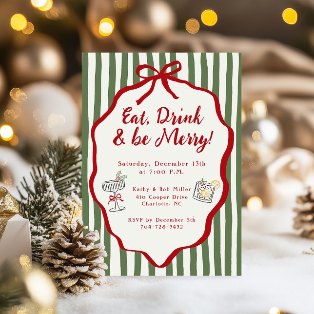 Eat Drink & Be Merry Christmas Party Bow Invitation (Creator Uploaded)